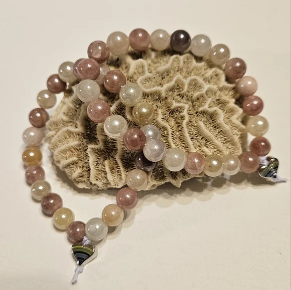 Elegant SUNSTONE Beaded Stretch Bracelet with Colorful Heart Charm ♡ Handmade ♡ - Picture 10 of 10